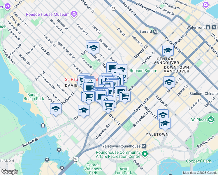 map of restaurants, bars, coffee shops, grocery stores, and more near 1050 Burrard Street in Vancouver