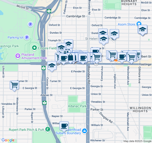 map of restaurants, bars, coffee shops, grocery stores, and more near 501 Kootenay Street in Vancouver