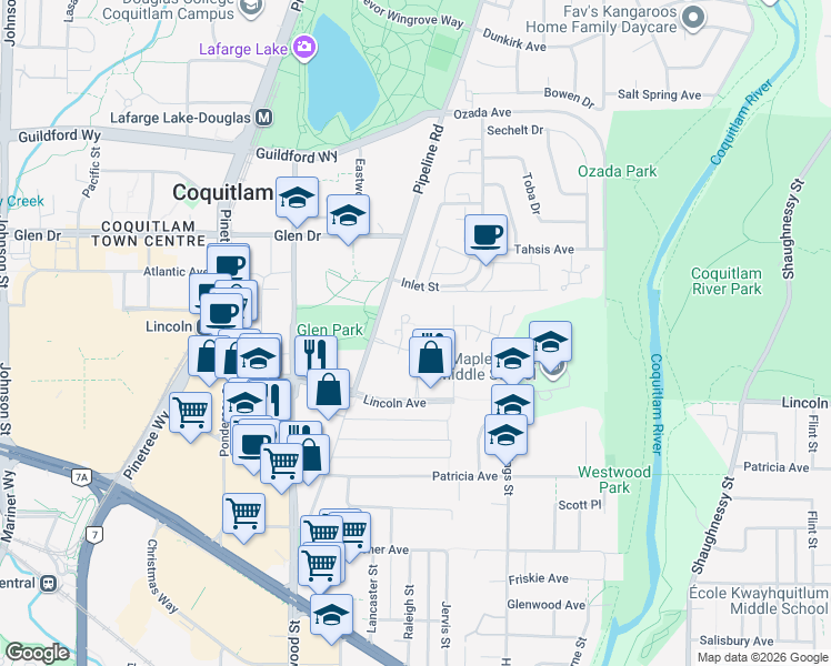 map of restaurants, bars, coffee shops, grocery stores, and more near 1135 Windsor Mews in Coquitlam