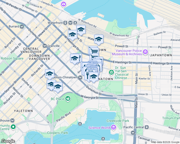 map of restaurants, bars, coffee shops, grocery stores, and more near 555 Abbott Street in Vancouver