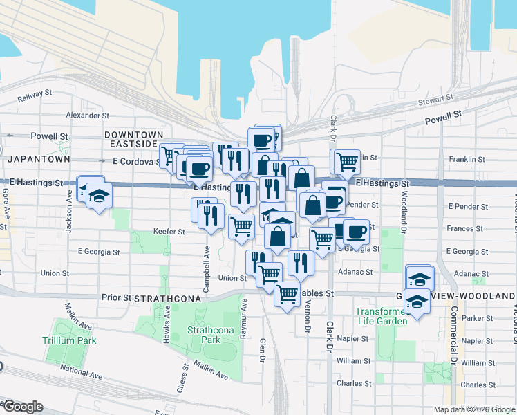 map of restaurants, bars, coffee shops, grocery stores, and more near 1065 East Pender Street in Vancouver