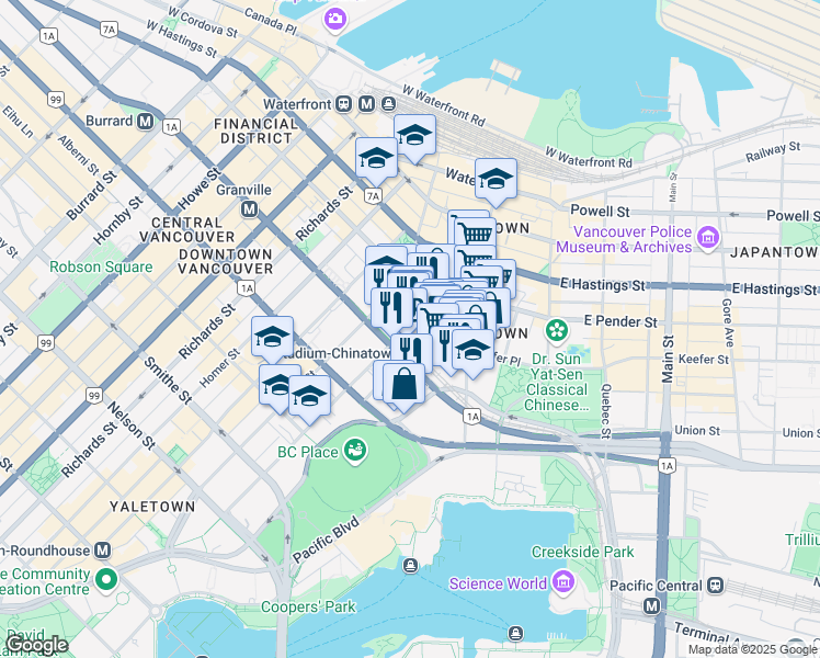 map of restaurants, bars, coffee shops, grocery stores, and more near 562 Beatty Street in Vancouver