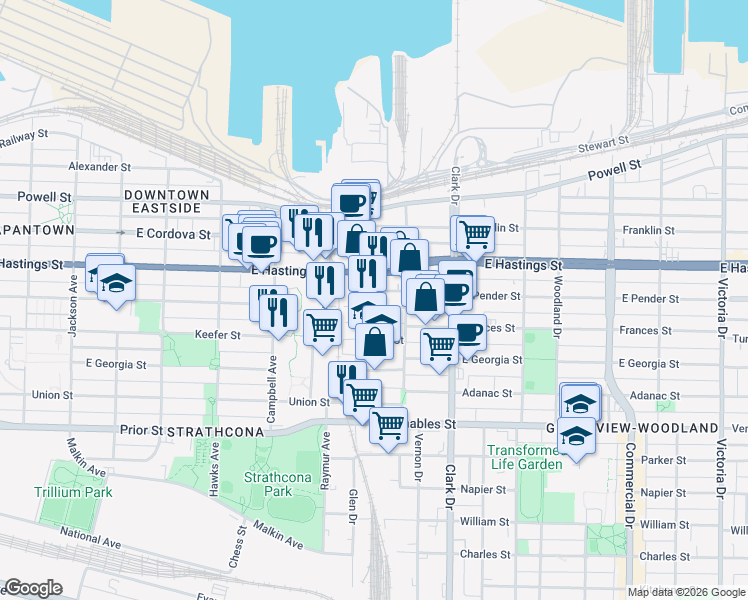 map of restaurants, bars, coffee shops, grocery stores, and more near 1127 East Pender Street in Vancouver