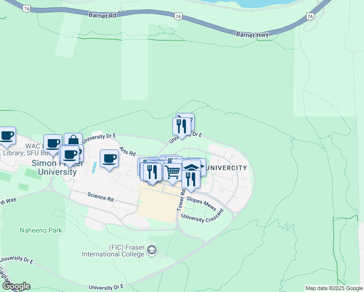 map of restaurants, bars, coffee shops, grocery stores, and more near 8850 University Crescent in Burnaby