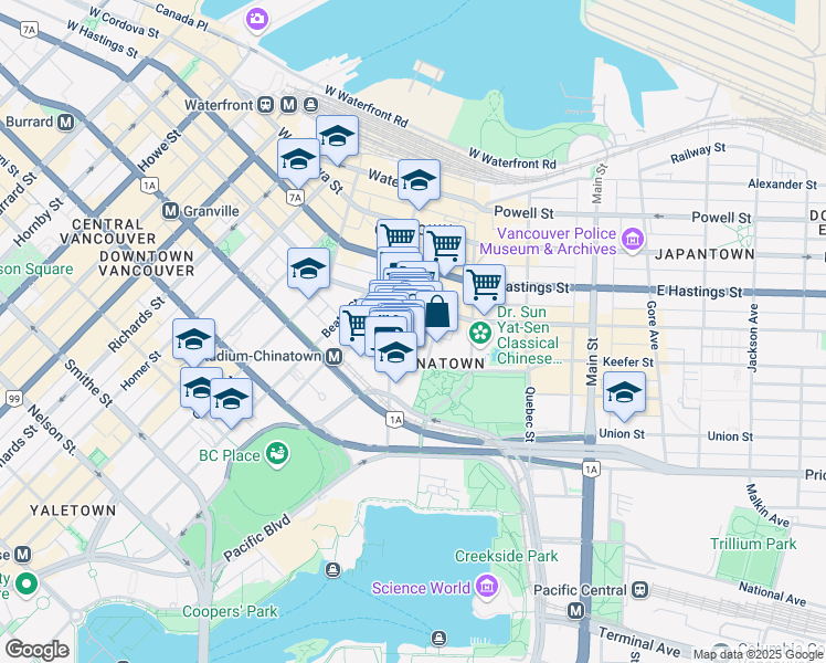 map of restaurants, bars, coffee shops, grocery stores, and more near 88 West Pender Street in Vancouver