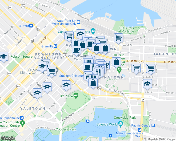map of restaurants, bars, coffee shops, grocery stores, and more near 561 Beatty Street in Vancouver