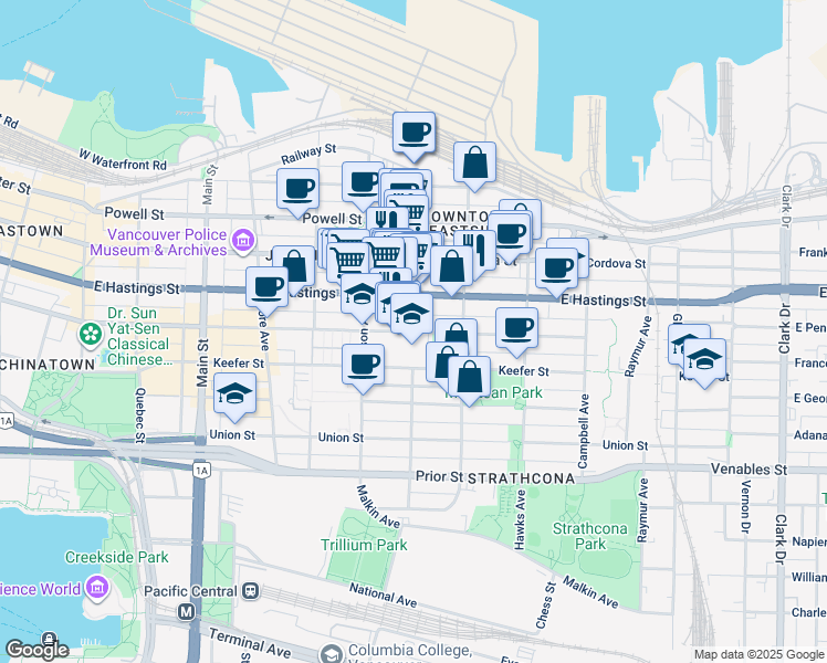 map of restaurants, bars, coffee shops, grocery stores, and more near Princess Avenue in Vancouver