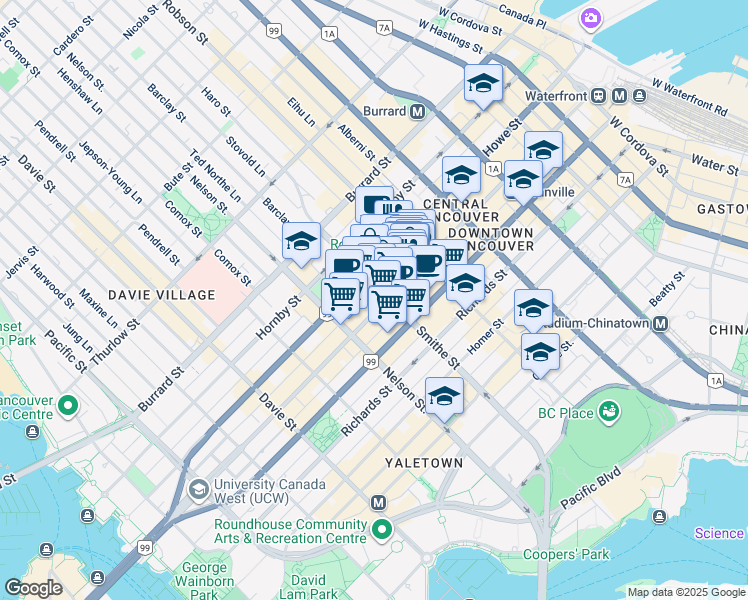 map of restaurants, bars, coffee shops, grocery stores, and more near 784 Robson Street in Vancouver