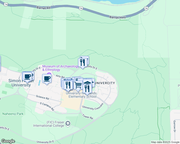 map of restaurants, bars, coffee shops, grocery stores, and more near 9060 University Crescent in Burnaby