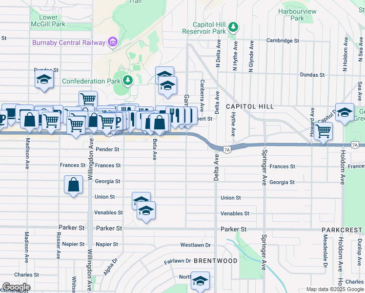 map of restaurants, bars, coffee shops, grocery stores, and more near 4777 Pender Street in Burnaby