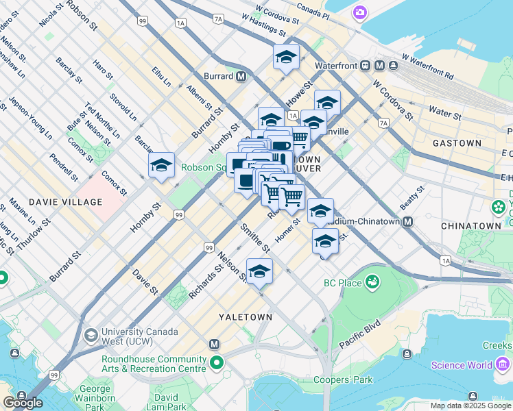 map of restaurants, bars, coffee shops, grocery stores, and more near 822 Seymour Street in Vancouver
