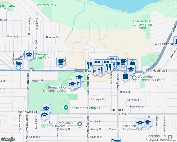 map of restaurants, bars, coffee shops, grocery stores, and more near Hastings Street & Kensington Avenue in Burnaby