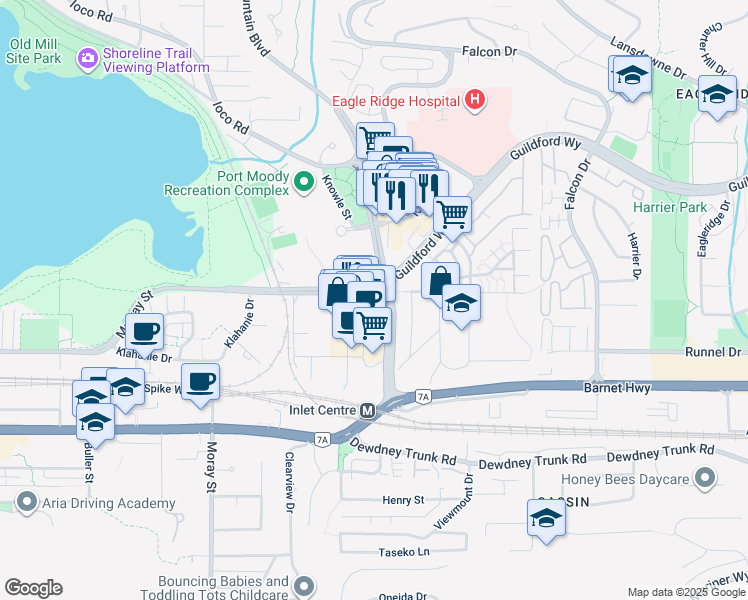 map of restaurants, bars, coffee shops, grocery stores, and more near 130 Brew Street in Port Moody