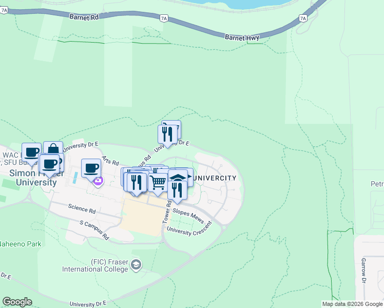 map of restaurants, bars, coffee shops, grocery stores, and more near 9086 University Crescent in Burnaby