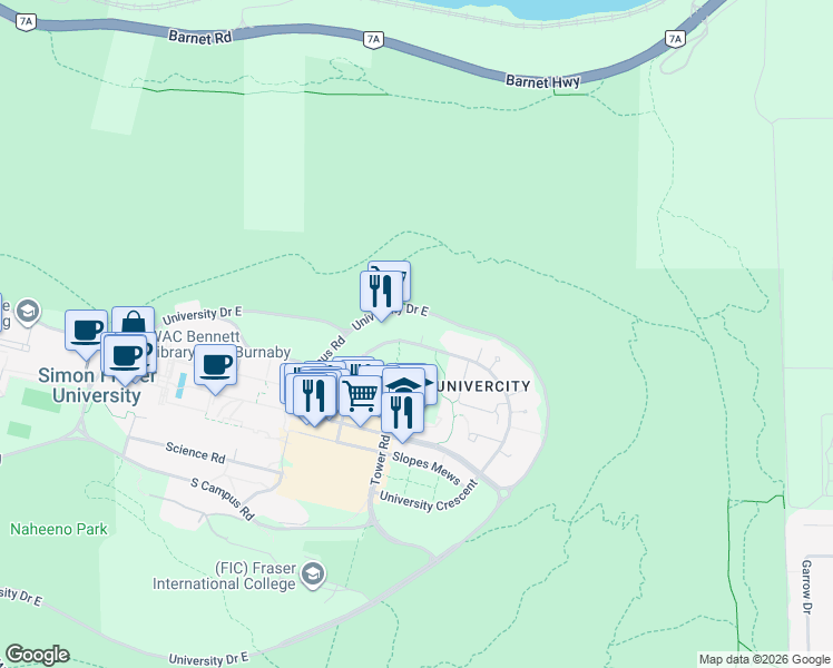 map of restaurants, bars, coffee shops, grocery stores, and more near 9060 University Crescent in Burnaby