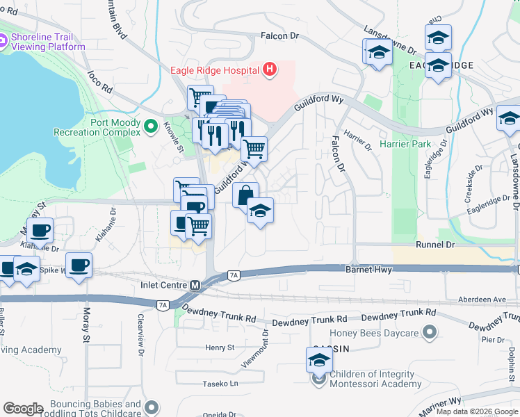 map of restaurants, bars, coffee shops, grocery stores, and more near 220 Guildford Drive in Port Moody