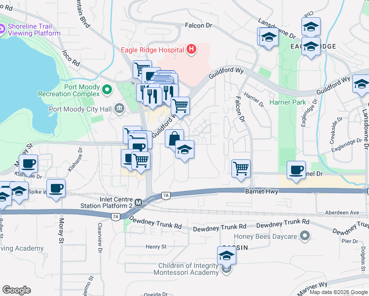 map of restaurants, bars, coffee shops, grocery stores, and more near 216 Balmoral Place in Port Moody