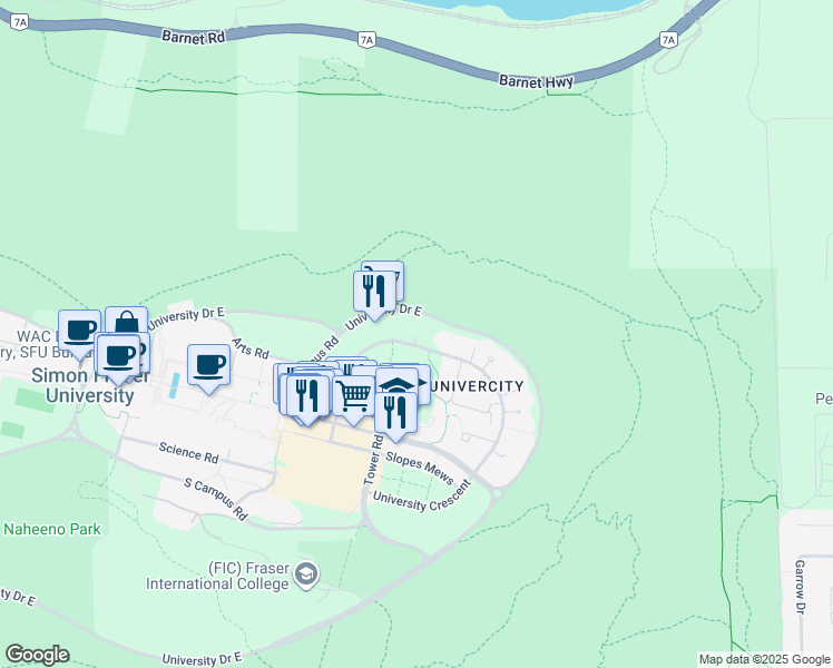 map of restaurants, bars, coffee shops, grocery stores, and more near 9076 University Crescent in Burnaby