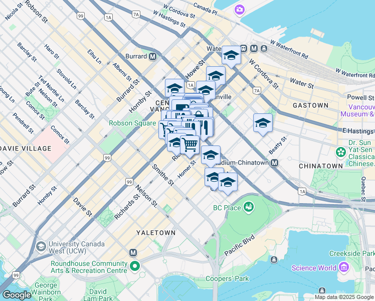 map of restaurants, bars, coffee shops, grocery stores, and more near in Vancouver