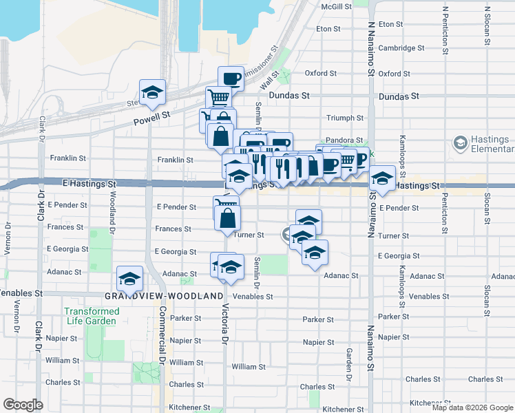 map of restaurants, bars, coffee shops, grocery stores, and more near East Pender Street in Vancouver