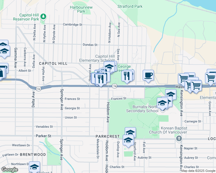 map of restaurants, bars, coffee shops, grocery stores, and more near 5922 Hastings Street in Burnaby