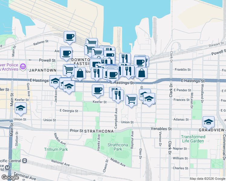 map of restaurants, bars, coffee shops, grocery stores, and more near 887 East Pender Street in Vancouver