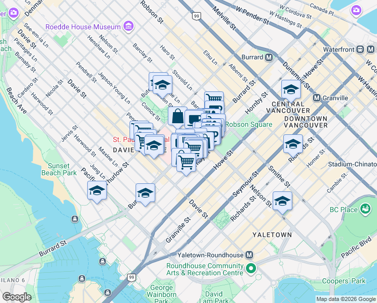 map of restaurants, bars, coffee shops, grocery stores, and more near 1050 Burrard Street in Vancouver