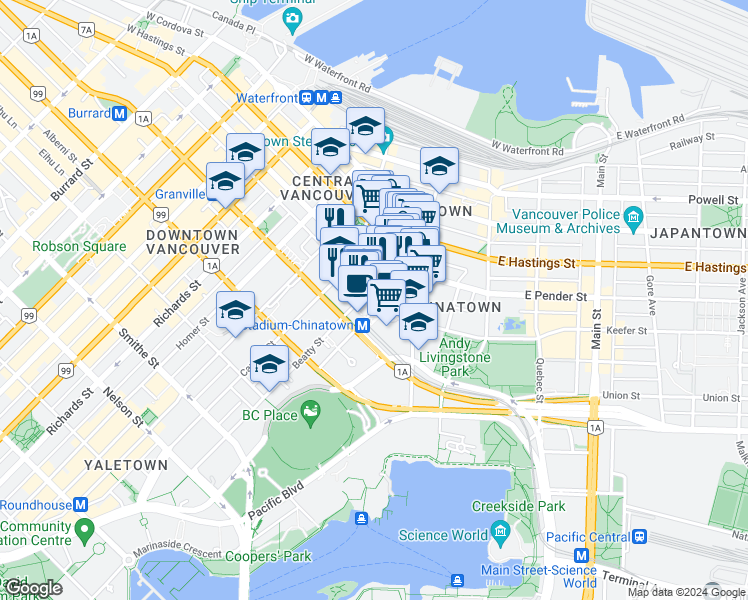 map of restaurants, bars, coffee shops, grocery stores, and more near 550 Beatty Street in Vancouver