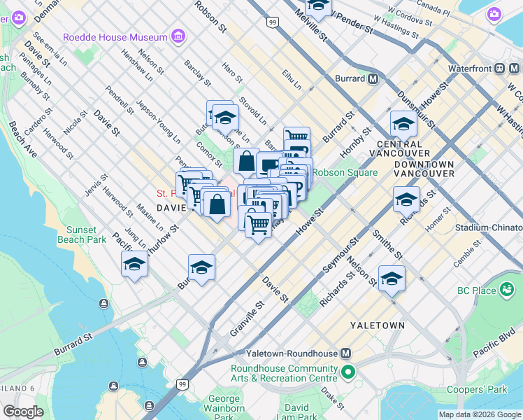 map of restaurants, bars, coffee shops, grocery stores, and more near 1050 Burrard Street in Vancouver