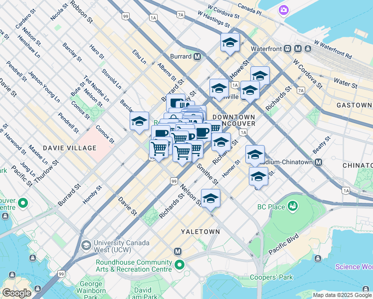 map of restaurants, bars, coffee shops, grocery stores, and more near 888 Granville Street in Vancouver