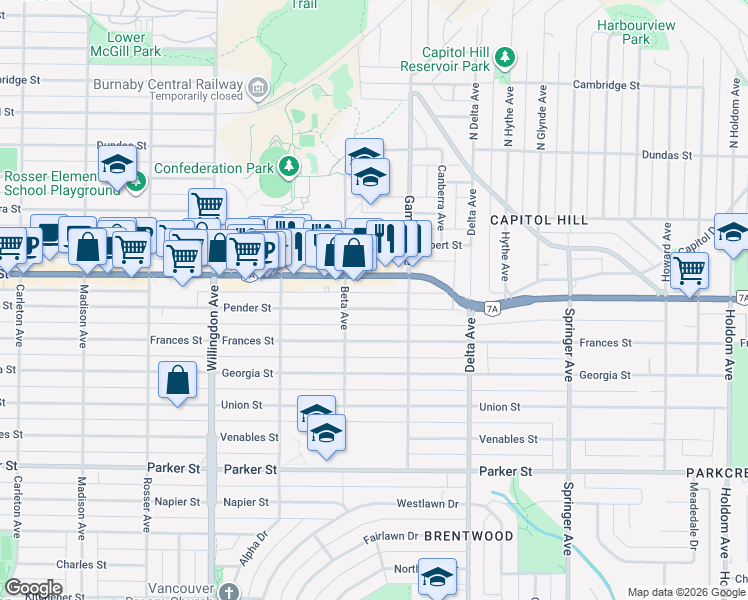 map of restaurants, bars, coffee shops, grocery stores, and more near 4739 Pender Street in Burnaby