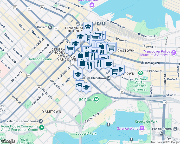 map of restaurants, bars, coffee shops, grocery stores, and more near 650 Hamilton Street in Vancouver