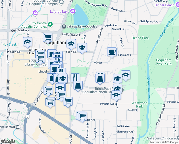 map of restaurants, bars, coffee shops, grocery stores, and more near 1135 Pipeline Road in Coquitlam
