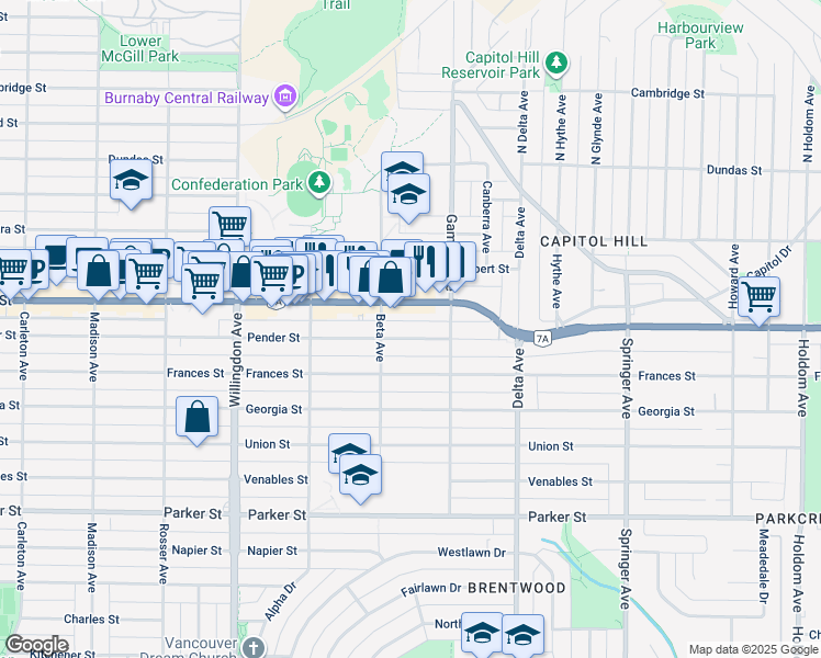 map of restaurants, bars, coffee shops, grocery stores, and more near 4737 Pender Street in Burnaby