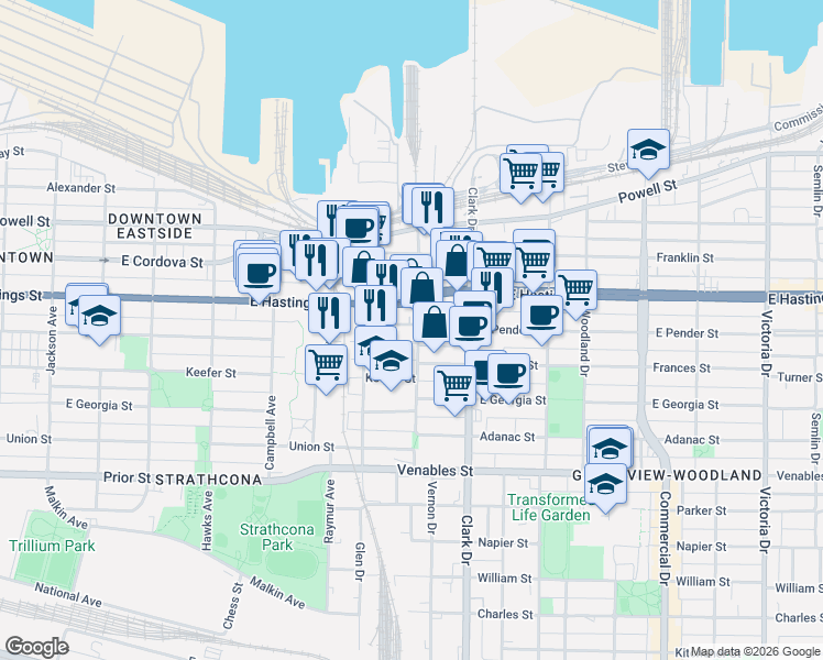 map of restaurants, bars, coffee shops, grocery stores, and more near 435 Vernon Drive in Vancouver
