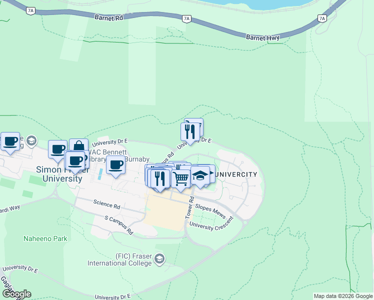 map of restaurants, bars, coffee shops, grocery stores, and more near 8842 University Crescent in Burnaby