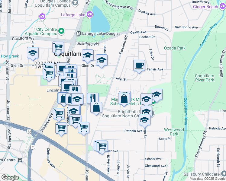 map of restaurants, bars, coffee shops, grocery stores, and more near 3093 Windsor Gate in Coquitlam