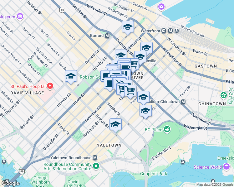 map of restaurants, bars, coffee shops, grocery stores, and more near 808 Seymour Street in Vancouver