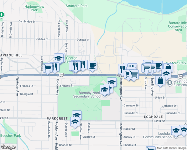 map of restaurants, bars, coffee shops, grocery stores, and more near Hastings Street in Burnaby