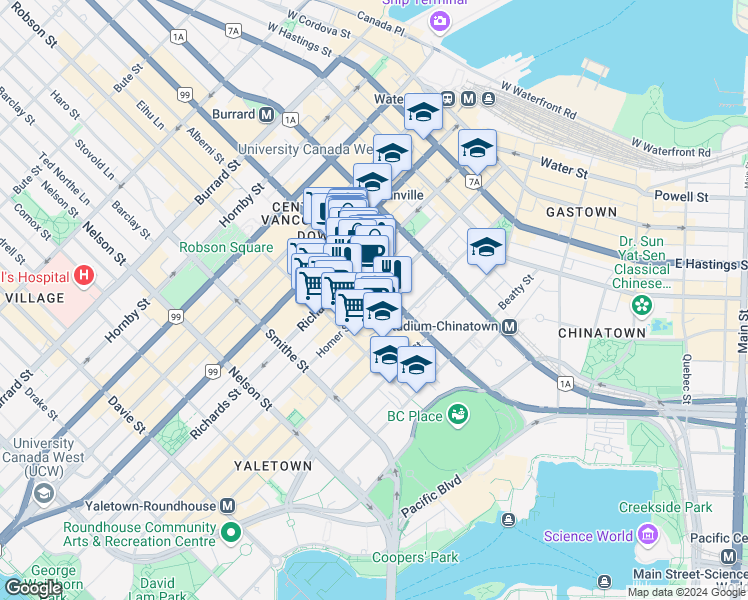 map of restaurants, bars, coffee shops, grocery stores, and more near 707 Homer Street in Vancouver