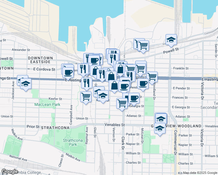 map of restaurants, bars, coffee shops, grocery stores, and more near 431 Vernon Drive in Vancouver