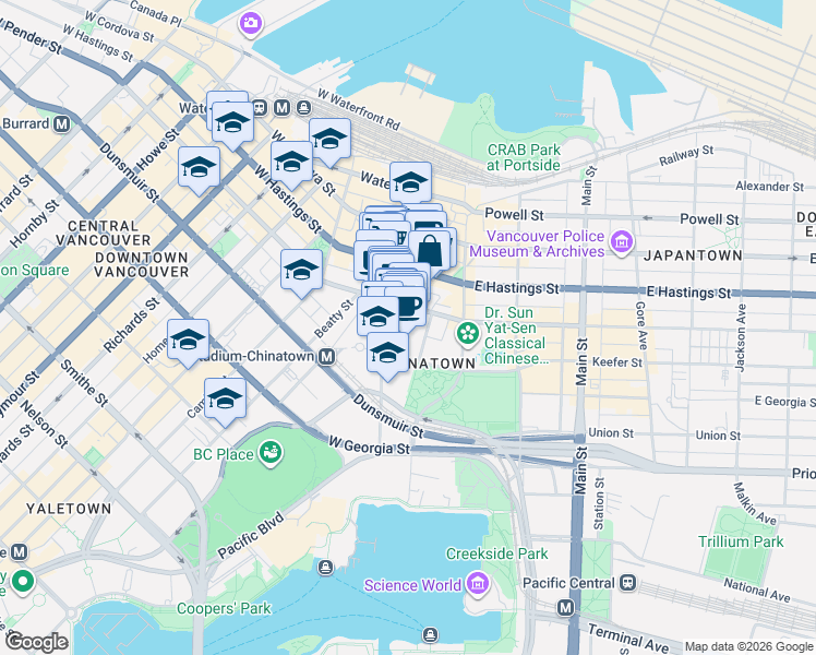 map of restaurants, bars, coffee shops, grocery stores, and more near 88 West Pender Street in Vancouver