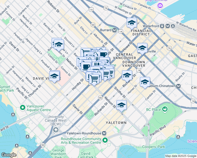 map of restaurants, bars, coffee shops, grocery stores, and more near 938 Howe Street in Vancouver