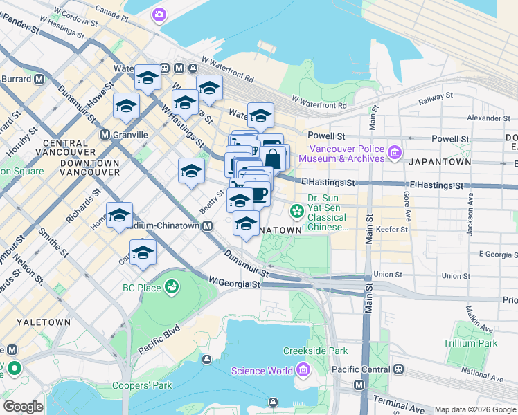 map of restaurants, bars, coffee shops, grocery stores, and more near 88 West Pender Street in Vancouver