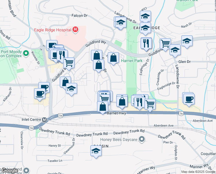 map of restaurants, bars, coffee shops, grocery stores, and more near 1140 Falcon Drive in Coquitlam
