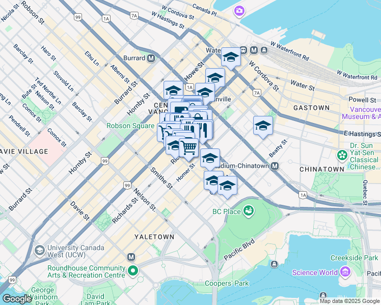 map of restaurants, bars, coffee shops, grocery stores, and more near 788 Richards Street in Vancouver