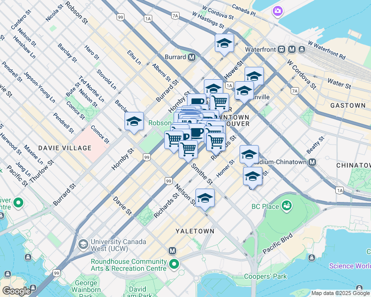 map of restaurants, bars, coffee shops, grocery stores, and more near 830 Granville Street in Vancouver