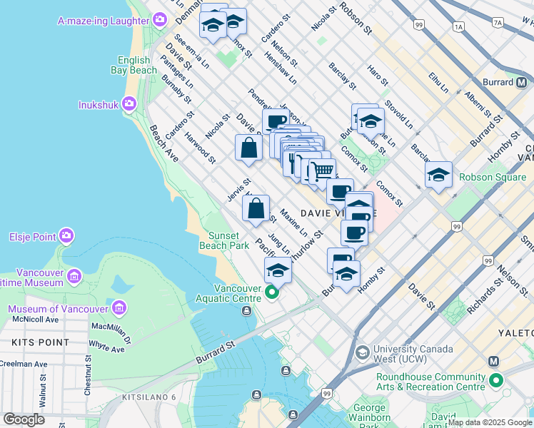 map of restaurants, bars, coffee shops, grocery stores, and more near 1201 Harwood Street in Vancouver