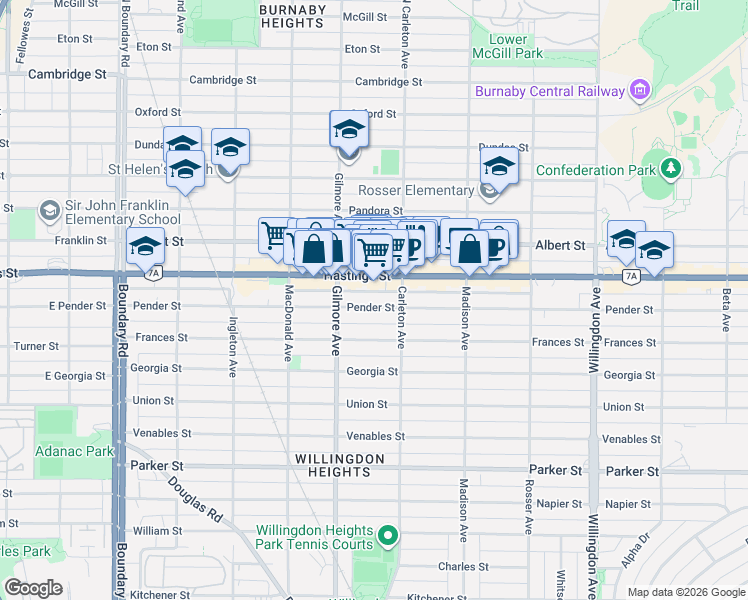 map of restaurants, bars, coffee shops, grocery stores, and more near 4143 Pender Street in Burnaby