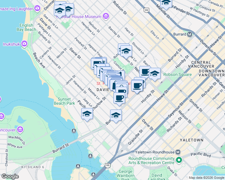 map of restaurants, bars, coffee shops, grocery stores, and more near in Vancouver